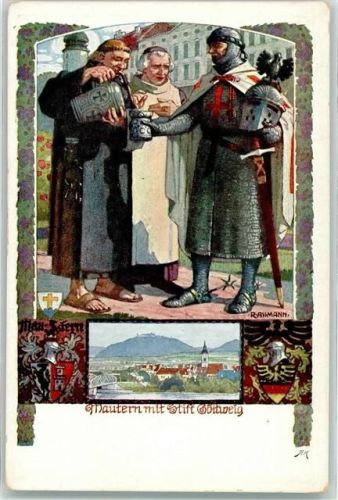 Mautern an der Donau Kreuzfahrer sign. Aßmann R. Stift Göttweig Krug Wappen Verein Südmark Nr.112 Mönch Künstlerkarte