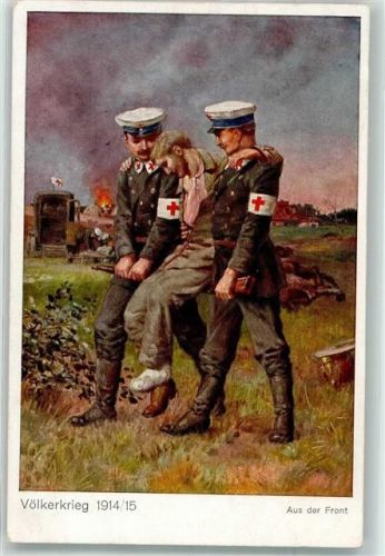 1915 Aus der Front Sänitäter helfen einem Verwundeten Krankenwagen