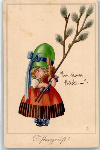 sign. Lindeberg Carl Serie 2582 Ostern Kätzchenzweig Spielzeug Hase auf Rädern Kind mit Osterei-Mütze