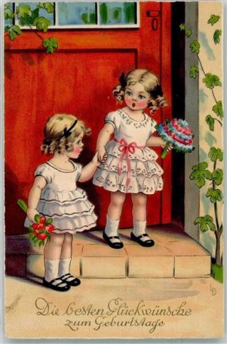 1927 Kinder Gratulanten mit Blumen an der Haustür Geburtstag Meissner u. Buch Serie