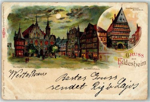 Hildesheim 1898 Lithographie Marktplatz Rathaus Templerhaus Wedekindhaus Knochenhauer Amtshaus