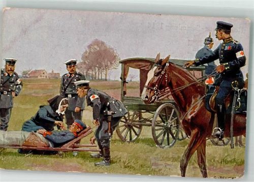 Krankenwagen im Feld Verwundeter wird abtransportiert sign. C. Becker