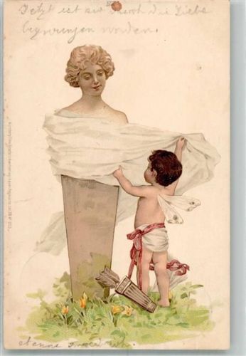 1899 Amor Statue mit einem Frauenkopf Stempeldurchdruck Litho