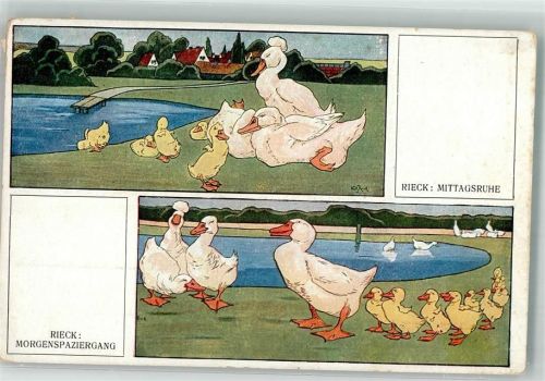 sign. Rieck Mittag und Morgens Verlag Teubner Ente 1918 Künstlerkarte