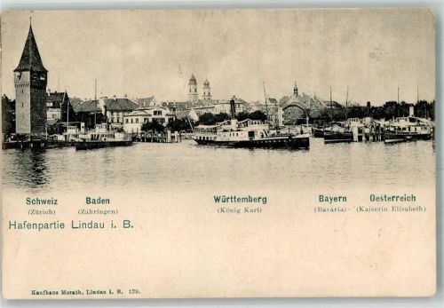 Lindau 1903 Hafenpartie Raddampfer am Liegeplatz : Bavaria, Kaiserin Elisabeth, König Karl, Zähringen + Zürich