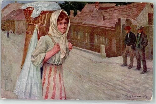 1907 sign. Larwin, Hans Zwei Männer begucken eine mit Butterfass und Korb bepackte Frau auf der Dorfstraße Nr. 349