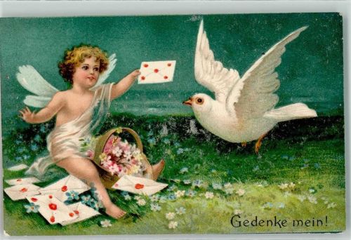 1907 Gedenke mein Engel verschickt Liebesbriefe mit einer Taube Vergissmeinnicht Lithographie