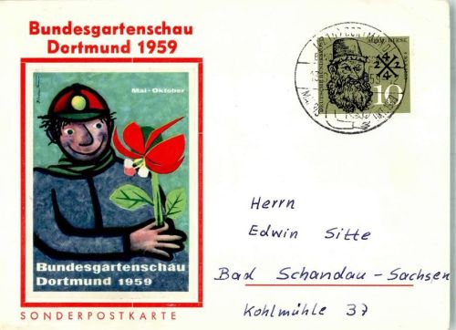 W4600 Dortmund sign. Blodau Mann mit Blume Bundesgartenschau Künstlerkarte Sonderstempel Gartenbauausstellung 1959 Gebrauchsspuren