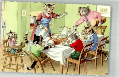 Serie 2255/1 Katzenfamilie Chaos beim Frühstück sign. Eugen Hartung