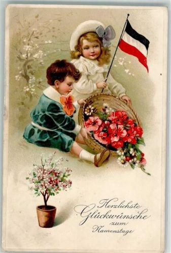 1915 Hutmode Kinder Blumen Fahne Schwarz-Weiß-Rot Lithographie