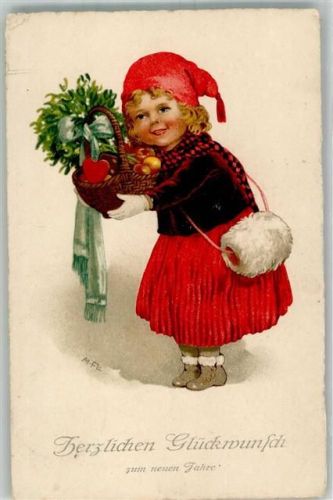 1927 Neujahr Kind Muff Korb mit Äpel Mispelzweig