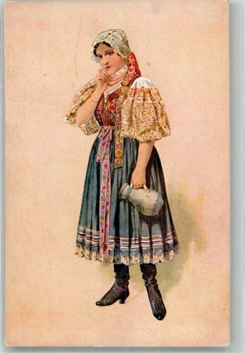 sign. K. Simunka Frau in Tracht + Milchkrug