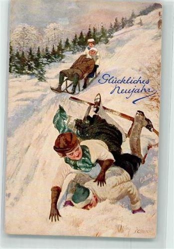 Oilette Serie Rodeln Nr. 821 Neujahr Rodelpartie Schlitten