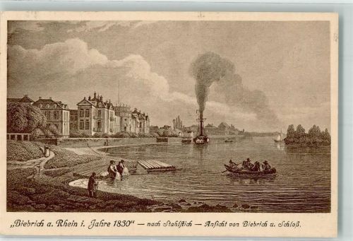 Biebrich 1912 Schloss Waschfrauen Dampfschiff im Jahr 1830 nach Stahlstich auf AK