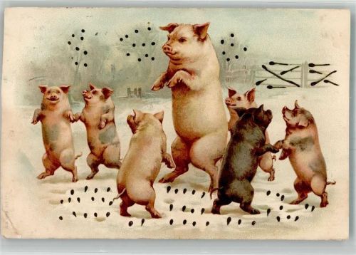 1900 Lithographie Die Sau und ihre 6 Ferkel