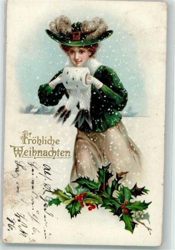 1908 Winterlithographie Frau Hutmode Muff Ilex