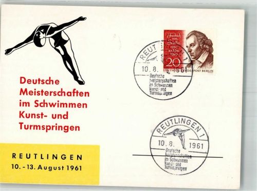 Reutlingen Deutsche Meisterschaften im Schwimmen Kunst- u. Turmspringen 10.-13.8.1961 Sonderstempel
