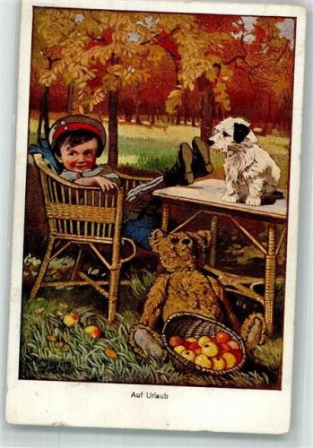 Auf Urlaub Teddybär Hund sign. M. Trübe WK I Kinder in Uniform 1918 Künstlerkarte