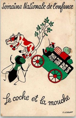 Paris sign. Lesourt Die Zecke und die Fliege Nationale Kinderwoche Künstlerkarte