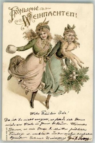 Frauen Tannenbaum Mode Pelzstola Weihnachten mit Golddruck Schlittschuh 1904 Prägedruck