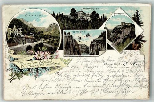 Thale 1897 Lithographie Knicke Bahnpost Magdeburg Thale Zug 269 27.6.97 Hotel Bodethal Hotel z. Rosstrappe Hexentanzplatz