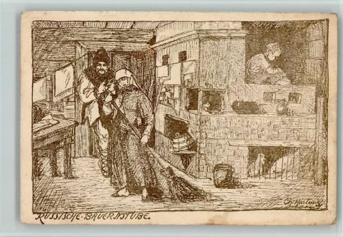 1917 Russische Bauernstube Strichzeichnung signiert Ch. Hartung
