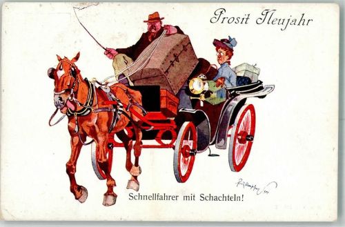 Schnellfahrer mit Schachteln Neujahr Kutsche sign. Fritz Schönpflug