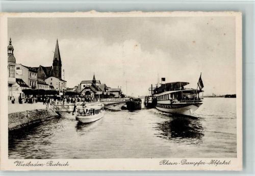 Biebrich Rhein Dampfer Abfahrt ca 1928 AK