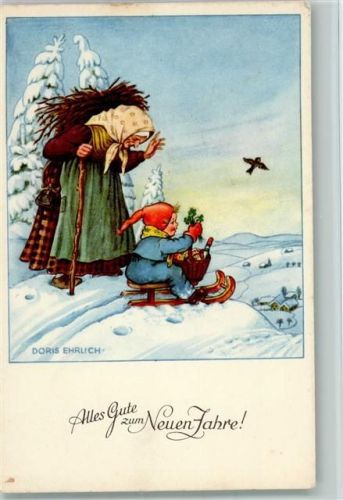 sign doris Ehrlich - Reisigsammlerin, Kind mit einem Schlitten - Neujahr