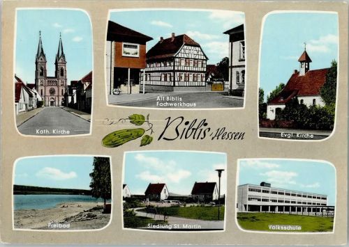 Biblis Kath. Kirche Alt-Biblis Fachwerkhaus Evangel. Kirche Freibad Siedlung St. Martin Volksschule Mehrfachaufnahme
