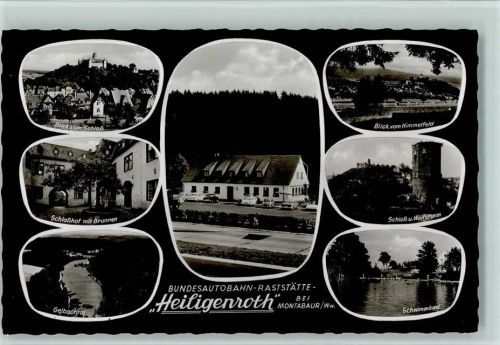 Heiligenroth Bundesautobahn Raststätte Heiligenroth Blick zum Schloss Schlosshof mit Brunnen Gelbachtal Blick vom Himmelfeld Schloss und Wolfsturm Schwimmbad