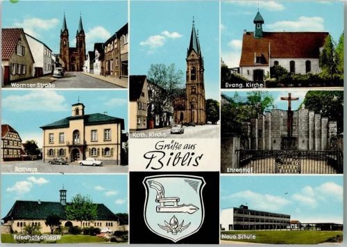 Biblis Wormser Straße Rathaus Friedhofsanlage Kath. Kirche Evangel. Kirche Ehrenmal Neue Schule Mehrfachaufnahme Wappen