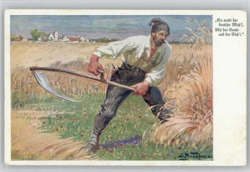 Wohlfahrtskarte - Fürsorge für die Angehörigen der Kriegsteilnehmer 1915 AK Landwirtschaft Bauer mit Sense