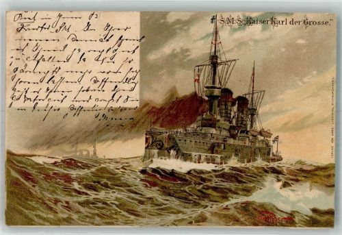 1903 sign. Pieper, Otto Linienschiff der Kaiserlichen Marine SMS Karl der Grosse Künstlerkarte Leim löst sich