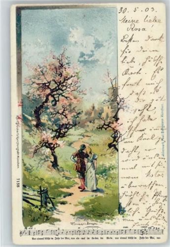 1903 Liederkarte - Liebespaar wandelt im Garten