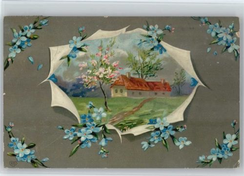 Blumen - und Blatt aufgerissen, darin zu sehen ein Haus