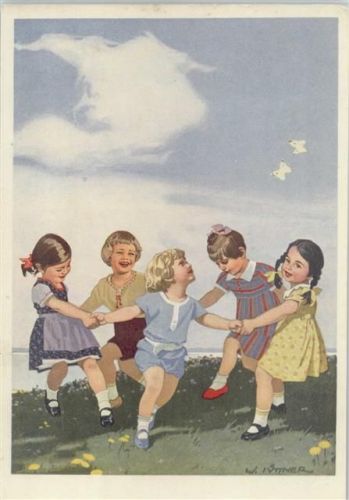 Werbung - Farben für Stoffe Mode Kinder Reigen ca 1935 AK Künstler sign Jüttner