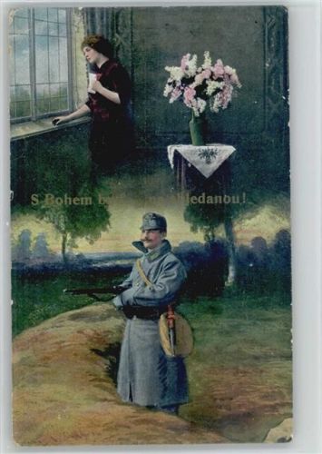 1916 Frau mit Brief schaut aus dem Fenster - Soldat als Wachposten