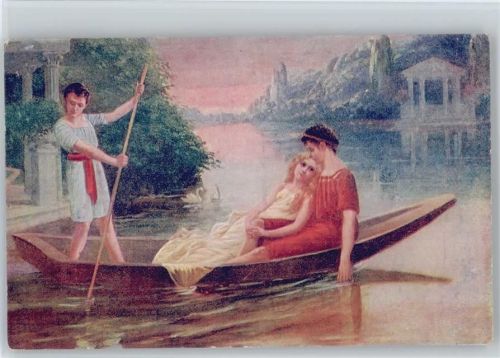 1922 Tempel im Hintergrund - Liebespaar im Boot , sign Kroj