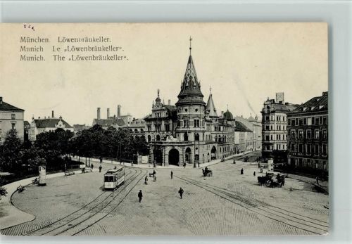 W8000 München in drei Sprachen - Straßenbahn , Litfaßsäulen 1908 AK Löwenbräukeller