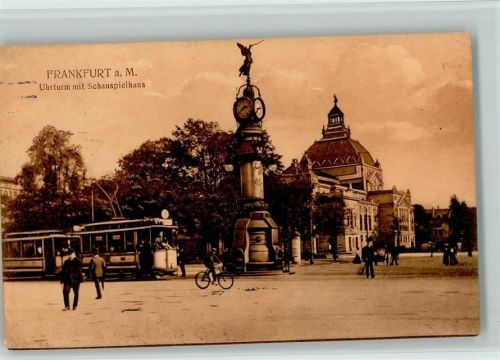 Frankfurt 1915 Uhrturm mit Schauspielhaus , Straßenbahnen AK