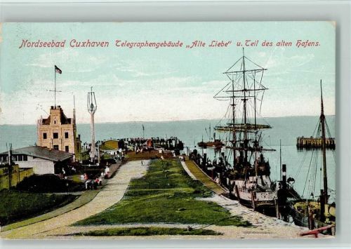 Cuxhaven Telegraphengebäude, Teil des Hafens und "Alte Liebe" 1907 AK