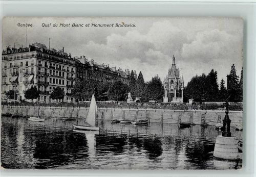 Genève Quai du Mont Blanc et Monument Brunswick Segelboote