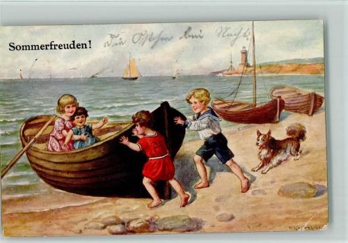 1927 Sommerfreuden am Strand sign Kaskeline AK Eckknick