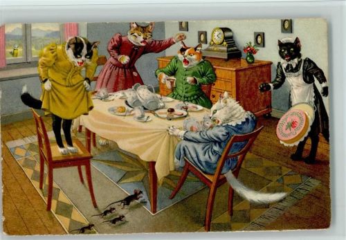 Katzenfamilie mit Dienstmädchen haben angst vor Mäuse, Kaffeetafel 1960 AK