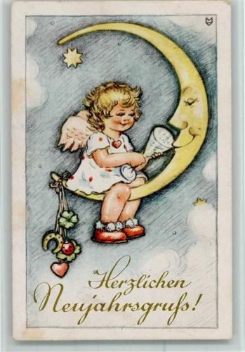 1948 Halbmond vermenschlicht, Engel gibt dem Mond Sekt, Neujahr
