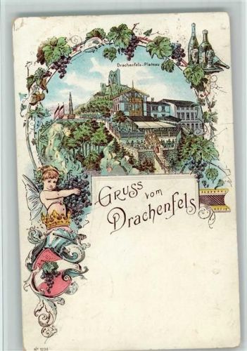 Drachenfels 1900 Gruss aus - vom Drachefels Plateau , Weintrauben, Wappen