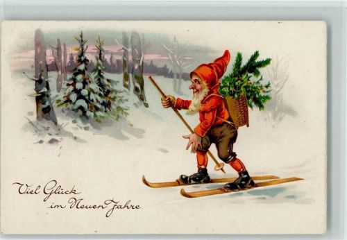 1936 Neujahr - Zwerg mit Ski und eine Kiepe mit Stechpalme