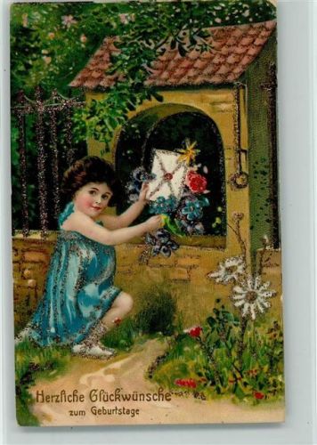 Geburtstag - Mädchen mit einem Brief Glitzer 1912