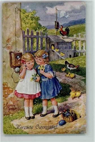 Kinder telefonieren, Telefon an der Hauswand - Küken und Hühner